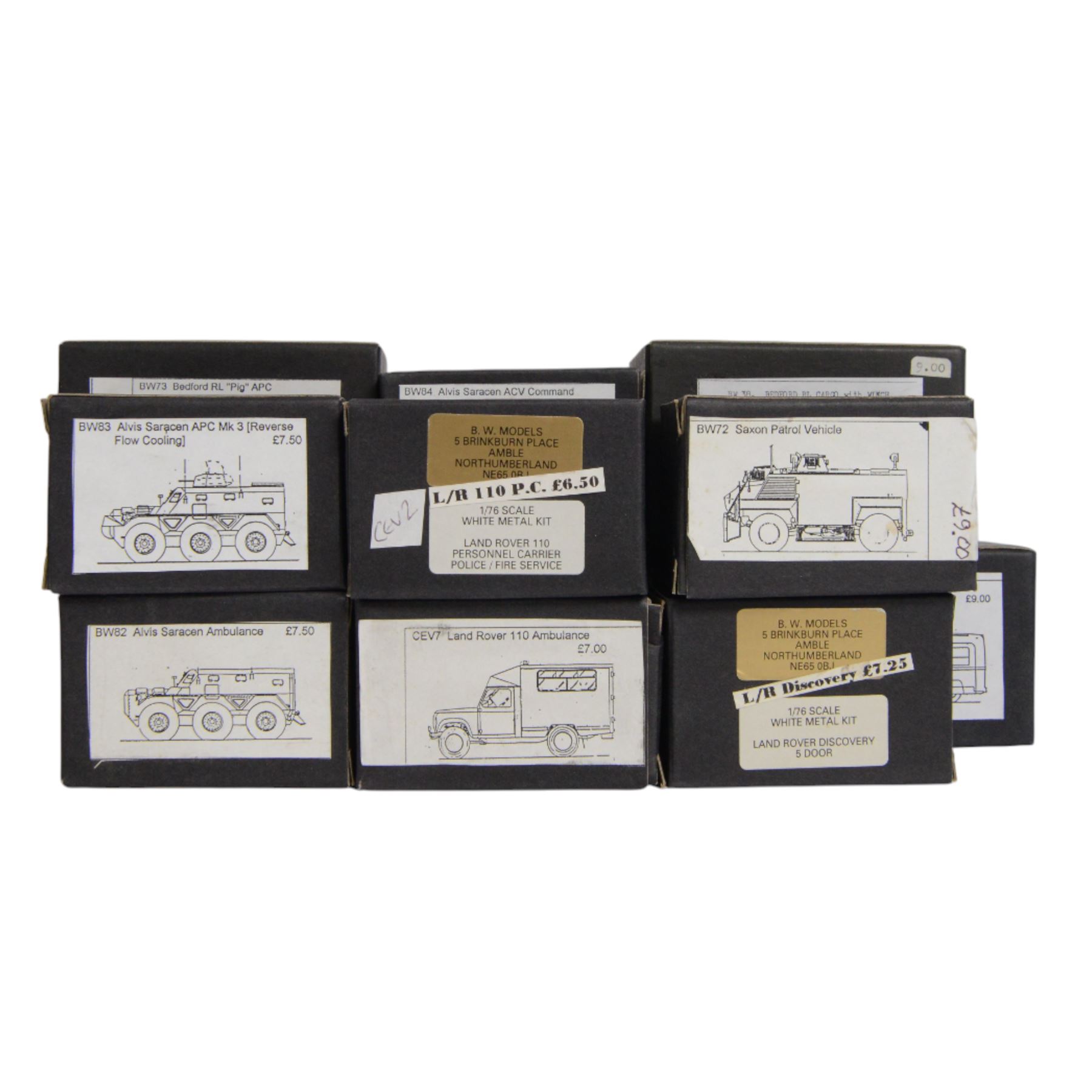 Twenty-two BW Models 1:76 white metal model kits, including BW55 Commer Q4 Bikini Unit, Antar Mk 1B, BW82 Alvis Saracen Ambulance, L/R 110 PC, Bw66 Ford E2 Binned Stores Vehicle, CEV8 Volvo FL6 Dennis Fire Tender and BW80 Scammell 20T all boxed