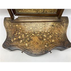 18th century and later dressing table mirror, the shaped cresting rail relief carved with feather motif above rectangular mirror, the base of serpentine form decorated with Dutch style inlays and fitted with single drawer