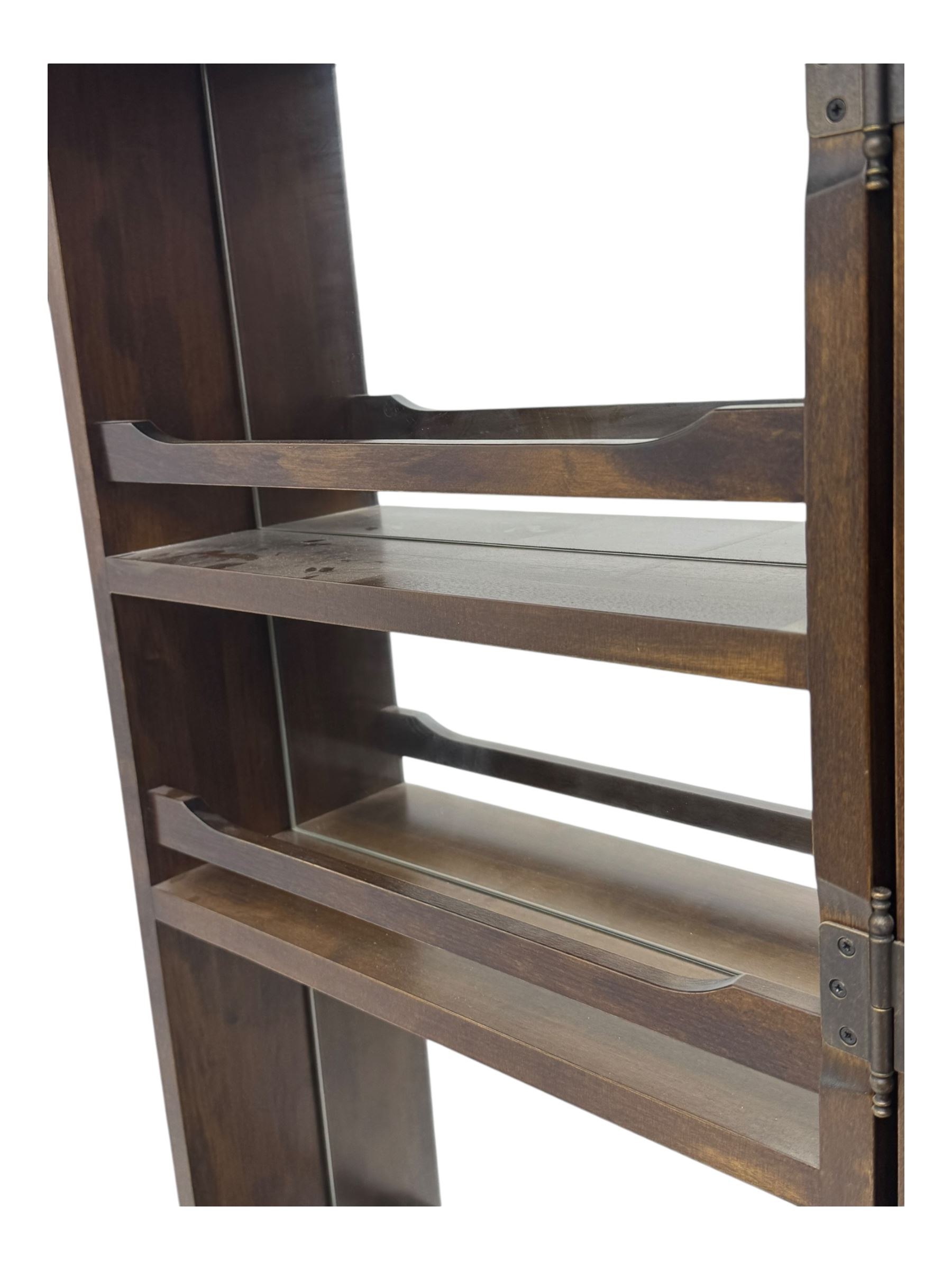 Laura Ashley - contemporary 'Garret' birch and dark chestnut finish bar cabinet, rectangular top with fold-out sides, double front doors enclosing shelving, wine racks, and glass storage, built-in stemware racks and bottle compartments, raised on plinth base