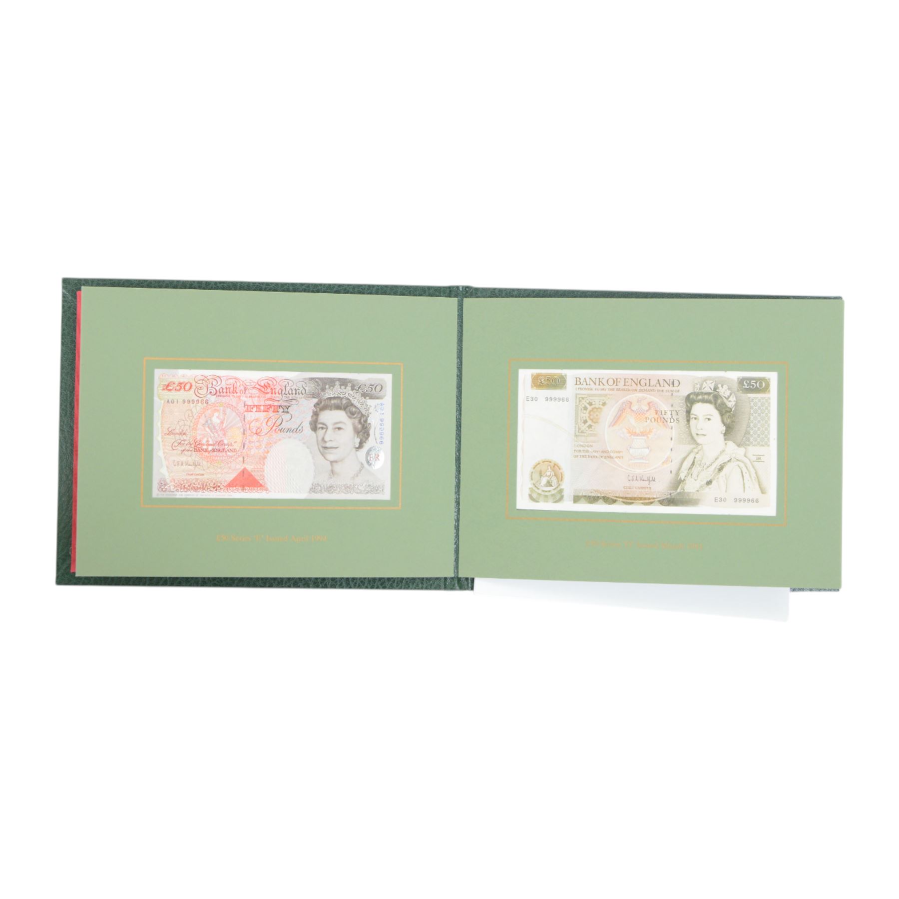 Seven Bank of England limited edition presentation pack pairs of banknotes, all with matching serial number 999966, comprising Gill five pound series D and E prefixes SE90 and A01, Kentfield five pound series E prefixes W18 and AA01, Kentfield ten pound series D and E prefixes KR30 and A01, Kentfield ten pound series E prefixes X40 and DD01, Gill twenty pound series D and E prefixes 20X and A01, Kentfield series E prefixes W35 and X01, and Kentfield series D and E prefixes E30 and A01, housed in leatherette binders manufactured by the Bank of England, 