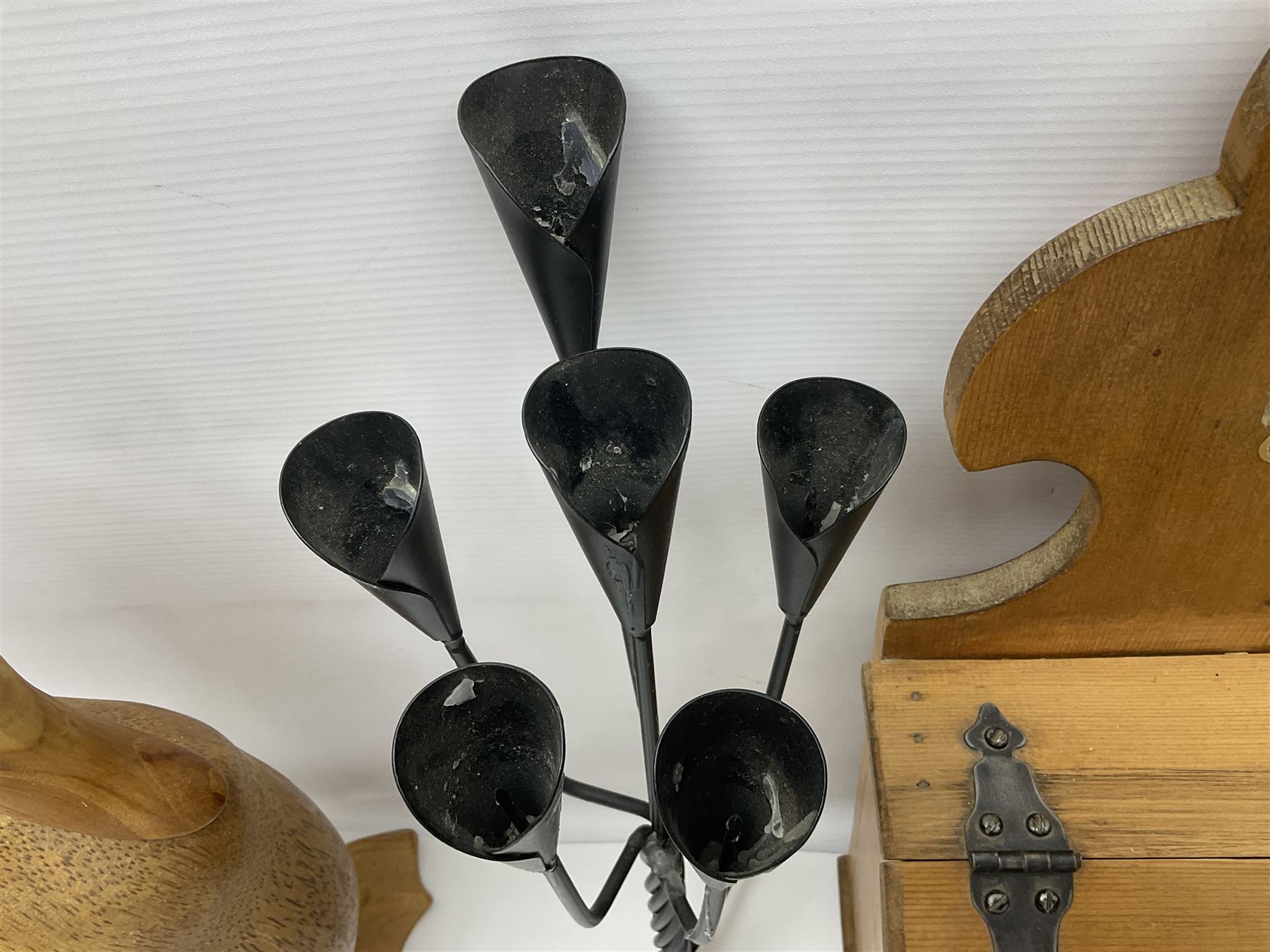 Wooden candle box, together with two barley twist candlesticks, carved duck and other collectables 