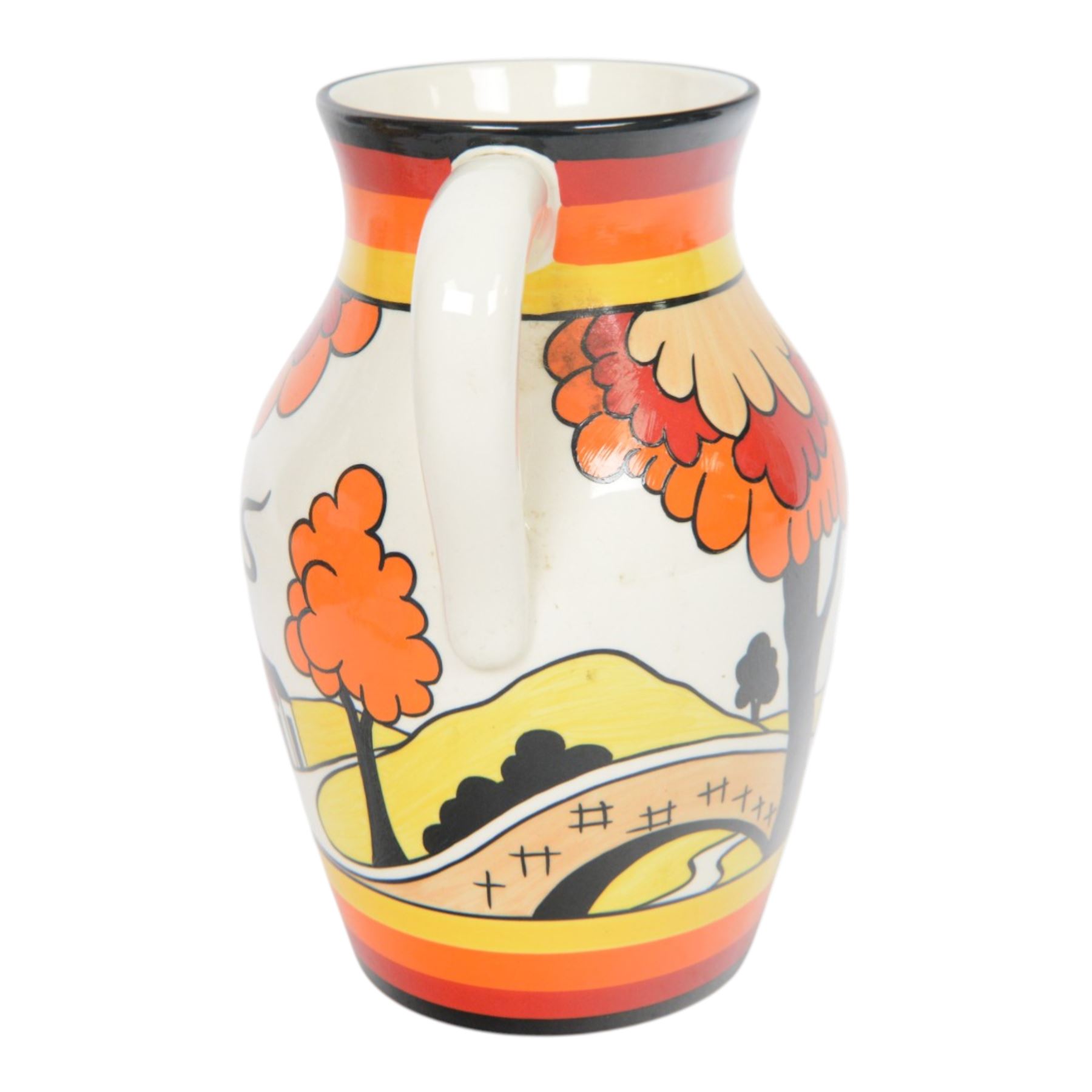 Wedgwood Bizarre by Clarice Cliff, Lotus Jug, House and Bridge, hand painted based upon an original, limited edition 134/250, with certificate and box, H21cm 