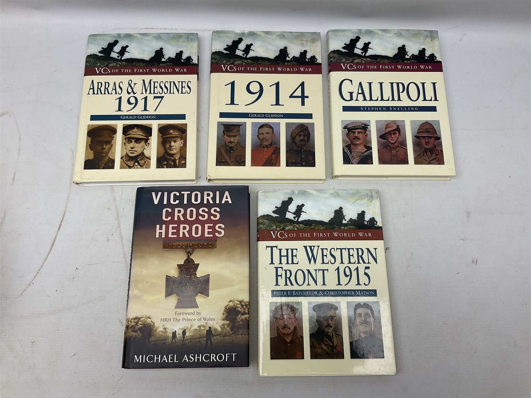 Nine reference books of Victoria Cross interest including four 'VCs of the First World War' series; Martin Ashcroft: Victoria Cross Heroes; John Laffin: British VCs of World War Two; Bryan Perrett: For Valour; Ann Clayton: Martin Leake Double VC; and John Percival: For Valour (9)