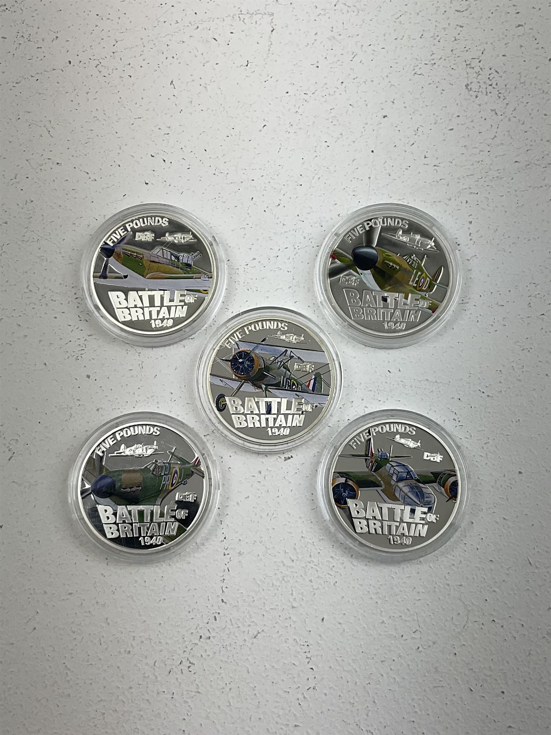 Five Queen Elizabeth II Bailiwick of Guernsey 2010 silver proof five pound coins, from the '70th Anniversary Battle of Britain Silver Coin Collection', some with certificates