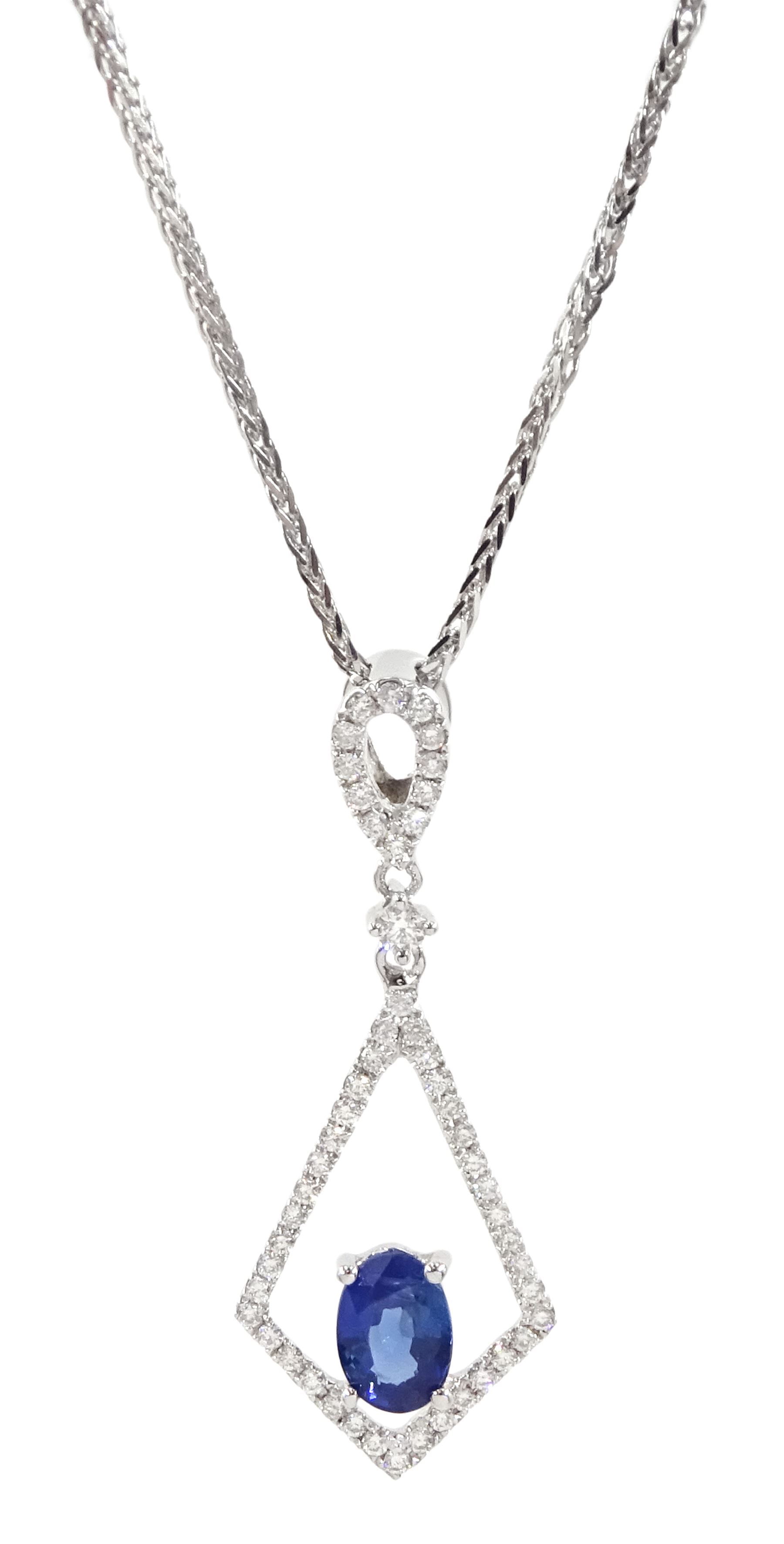 18ct white gold oval sapphire and diamond kite shaped pendant, on 9ct white gold adjustable chain necklace, both hallmarked