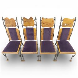 Paul Hodgkiss Designs of Glasgow - contemporary shaped elm dining table with wrought iron base; with set ten (8+2) matching high-back dining chairs, table of organic form above an elaborate wrought iron supports, with central elm stretcher, the chairs with en suite with matching wrought iron work burred elm headrest, purple velour upholstery with drop in seat     

Table: W 102cm, L 243cm, H 74cm
Chairs: W 56cm, D 52cm, H 130cm