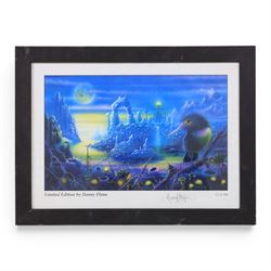 Danny Flynn (British 1958-): digital print of for a 90s TV show that never came to air featuring Danny Flynn in the centre and Arthur C Clarke looking on, two limited edition signed prints of a bluebell wood, two further signed limited edition prints of birds in surreal landscapes and a collection of postcards, three prints framed, largest H34cm

Notes: This item is from the private collection of Arthur C. Clarke's brother.