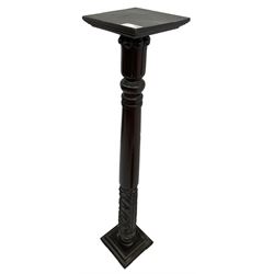 Victorian mahogany torchère or plant stand, square moulded top over turned column with lappet capital, carved with acanthus leaves, on stepped moulded square base