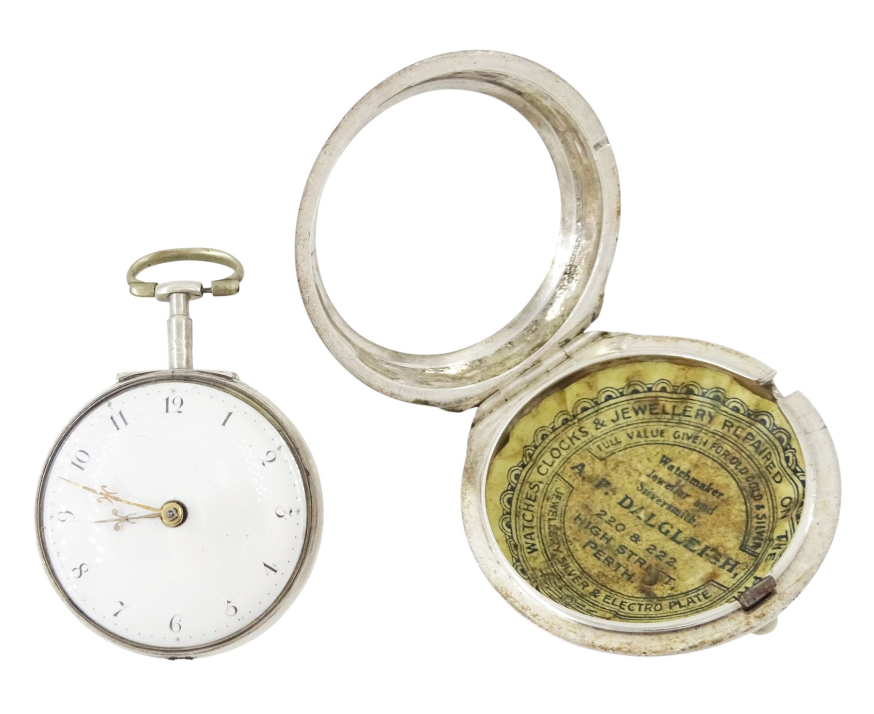 George III silver pair cased mock pendulum verge fusee pocket watch by William Crayton, London, No. 7391, the balance cock embossed with cherub decoration, white enamel dial with Arabic numerals and bull's eye glass, case by Thomas Sones, London 1761
