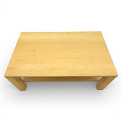 Modern solid oak coffee table, square supports united by full length under tier, raised on castors