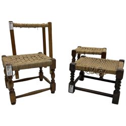 Set of three oak framed stools, woven cord seats on turned supports; together with another taller (H55cm) (4)