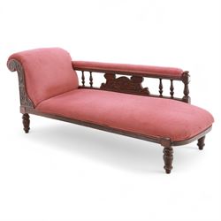 Late Victorian mahogany chaise longue, of scroll-ended form, upholstered in red diamond-pa...