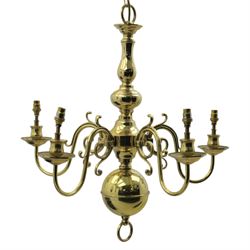 20th century brass five branch chandelier, with scrolled candle sconces and ball finial 