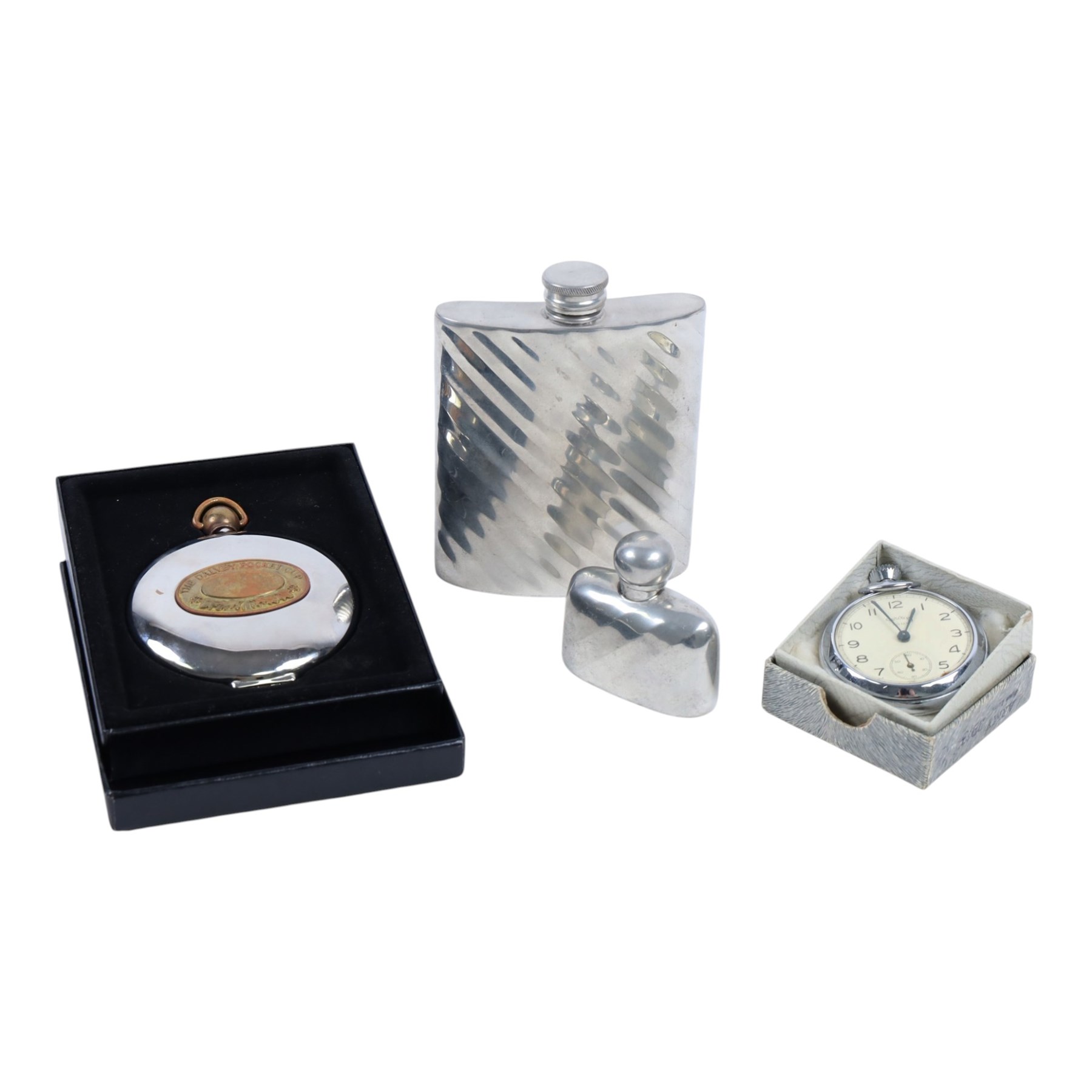 The Dalvey Pocket Cup, together with two Abbeydale pewter hip flasks and 1960's Services army pocket watch 