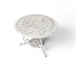 Victorian design cast aluminium circular garden table and four armchairs, ornate grape design in antique white paint