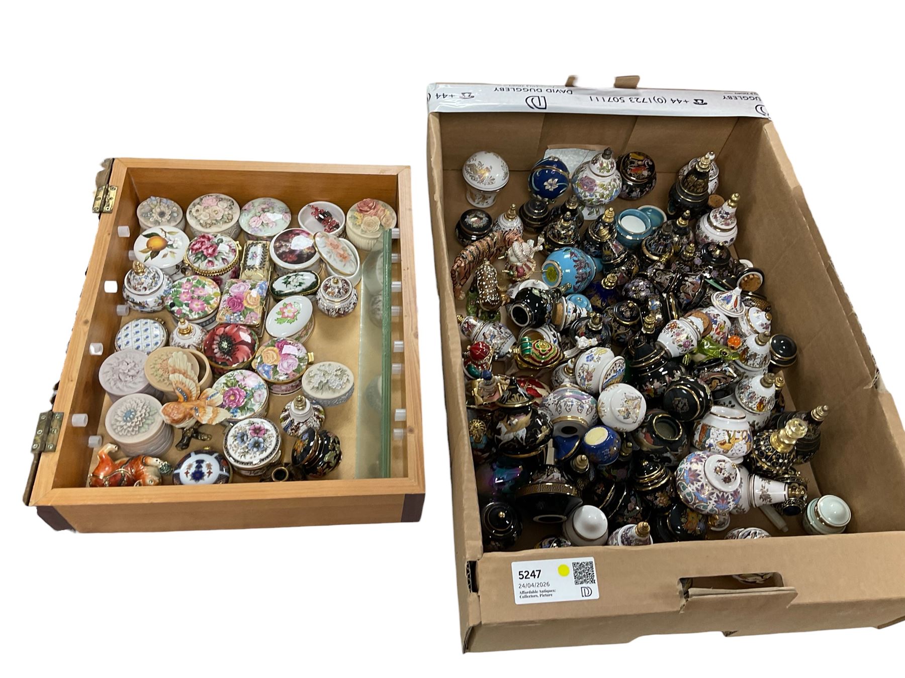 Large collection of pill boxes, perfume bottles, with a display case etc