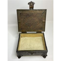 Arts and Crafts copper box, the lid decorated with stylised riveted hinges and inset with Ruskin type ceramic turquoise heart-shaped cabochon, the mount etched M.B 1913, and further cabochon roundel to each side panel, including one inset to the clasp acting as the knob to the locking mechanism, marked RS Douglas 1913 beneath, W16.5cm H7cm D15cm