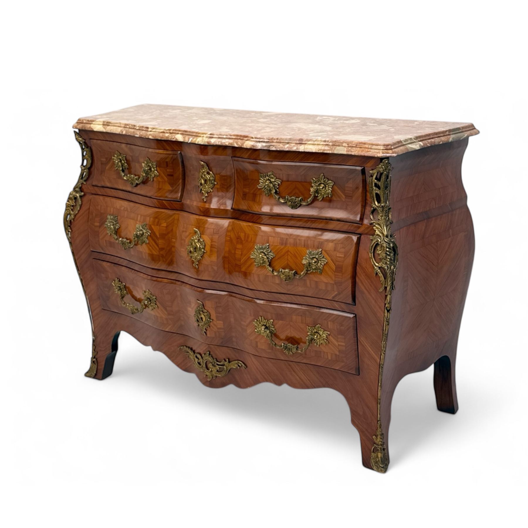 20th century Louis XV design serpentine commode, the rectangular breccia marble top with a rounded moulded edge and projecting corners, above a bombe bombe-shaped kingwood and parquetry design front of two short and two graduated drawers with rococo style handles, corners with gilt-bronze foliate mounts on short cabriole form feet with gilt bronze sabots  