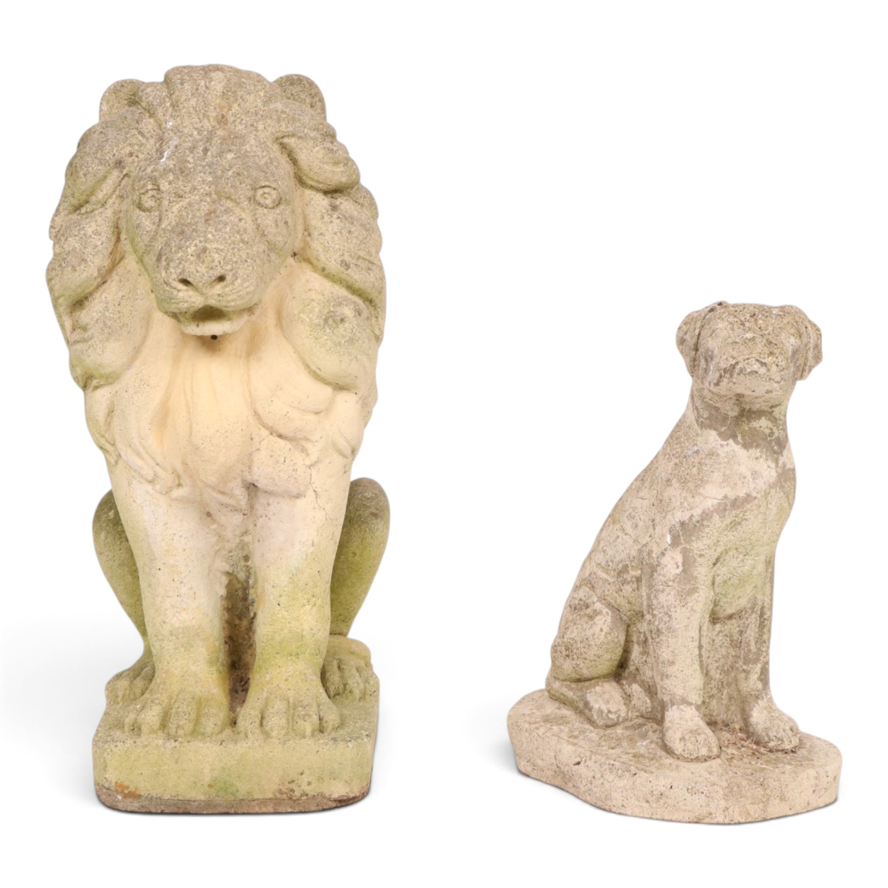 Cast stone seated lion together with a cast stone bulldog, lion H46cm
