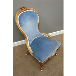  Victorian walnut framed nursing chair, shell and acanthus carved cresting rail, cabriole supports, H93cm  