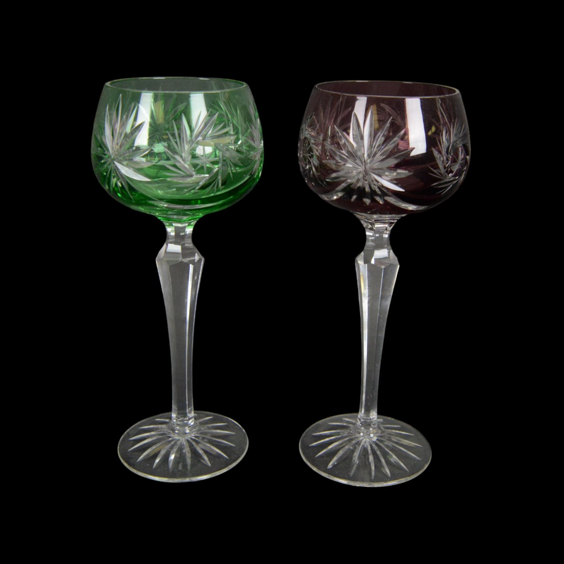 Set of six Bohemian Harlequin wine glasses, on tapered stems, raised on circular bases, H20cm