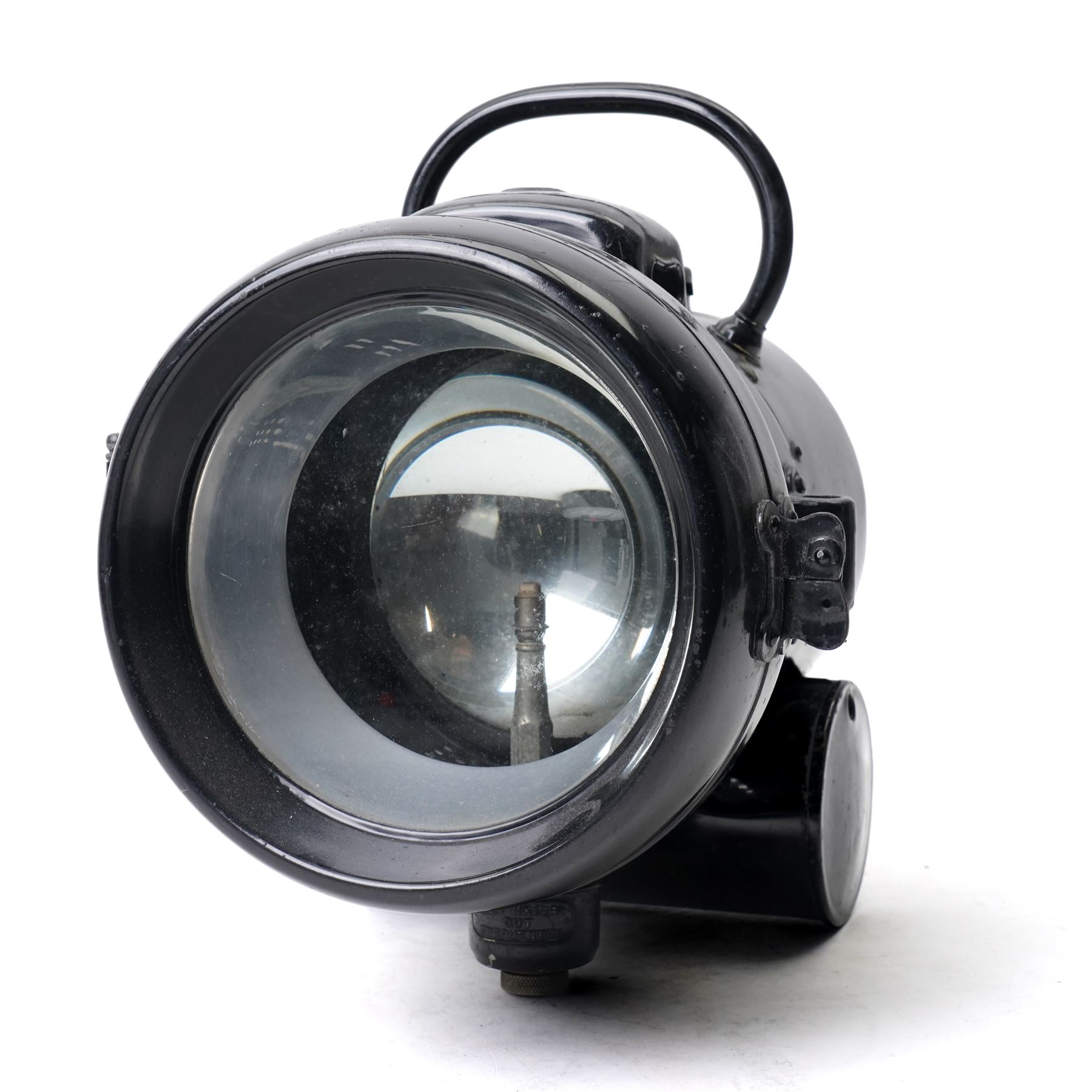  Early 20th century industrial black enamelled searchlight/signal lamp by Powell & Hanmer Birmingham L27cm