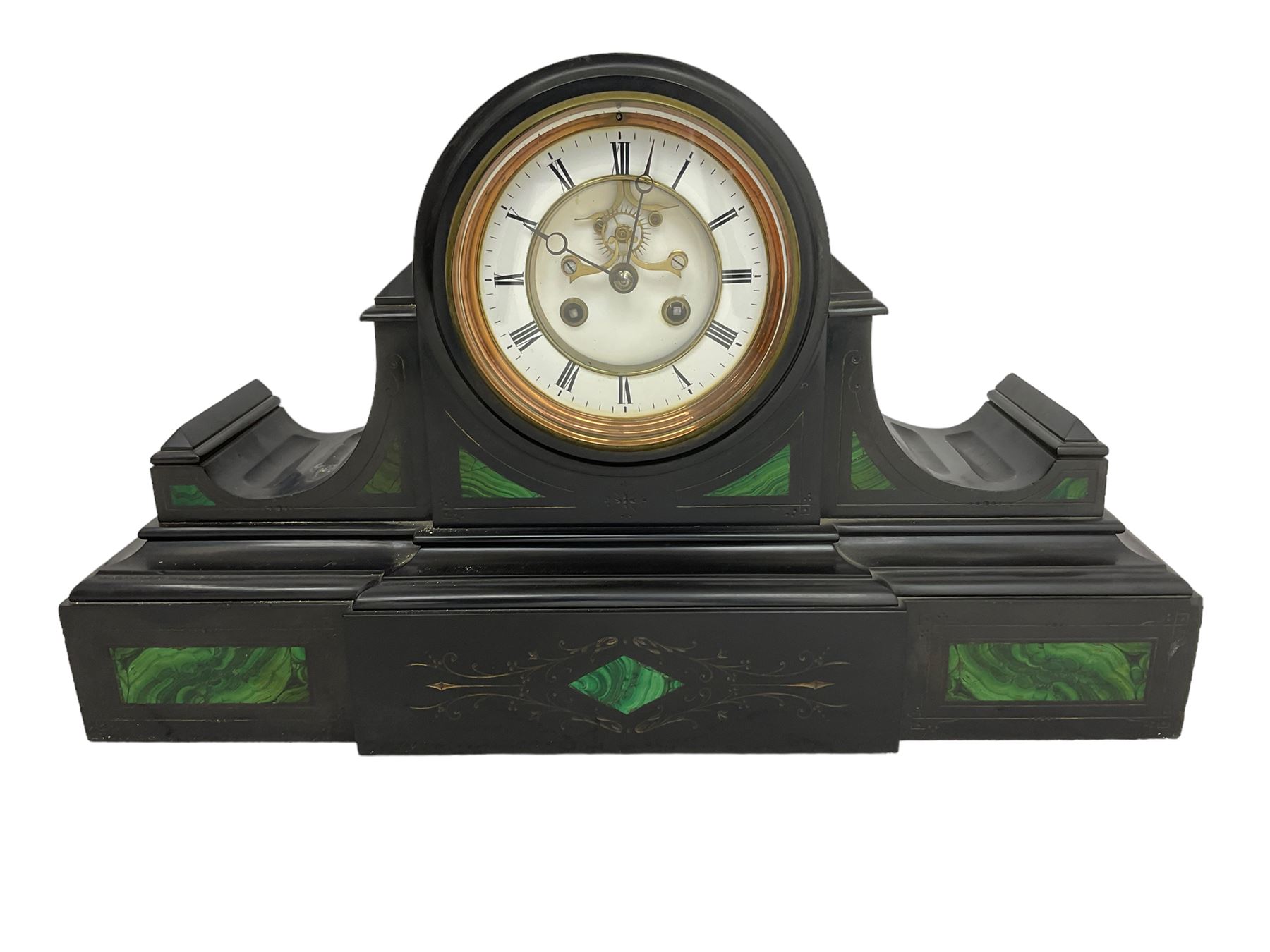 French- Black Belgium slate 8-day Victorian mantel clock  and garnitures with with malachite inlay, drum cased movement with volutes curved supports to the sides, two-part enamel dial with Roman numerals, moon hands and a visible Brocot escapement, striking movement, striking the hours and half-hours on a bell, with matching portico garni in the form of a Roman temple. With pendulum.