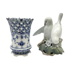 Royal Copenhagen Blue Fluted Lace vase, together with Royal Copenhagen lovebirds figure group, both with printed and painted marks beneath, vase H11cm