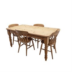 20th-century stripped pine dining table with four beech farmhouse kitchen chairs came, rectangular top with moulded edge and rounded corners, raised on four turned legs, chairs with curved back and turned supports with solid shaped seat raised on turned legs united by stretchers, W37xD39xH84cm