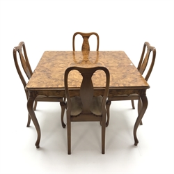  Italian marquetry top walnut square dining table, cabriole legs (W120cm, H77cm, D120cm) and set four chairs, upholstered seat, cabriole legs on pad feet (W49cm) (5)  