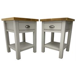 Pair of oak and painted lamp tables or bedsides, each fitted with single drawer and shelf 