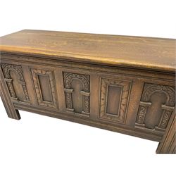 Old Charm - mid-20th century oak blanket chest, with panelled arcade front