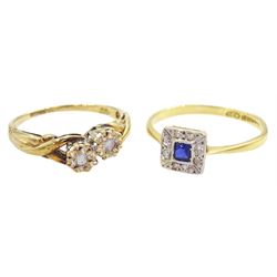 Early 20th century milgrain set French cut synthetic sapphire and diamond cluster ring, stamped 18ct & PT and a later 9ct gold two stone diamond crossover ring, hallmarked