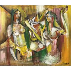 Francis Perera (Sri Lankan 1931-): 'Divided Love', oil on canvas signed, titled verso 73cm x 86cm (unframed)
Notes: Perera a noted Sri Lankan artist has had many solo exhibitions both in his home country and overseas. He is a six time winner of the Presidential Award, represented Sri Lanka in Washington DC to commemorate the 50th anniversary of its independence, exhibited at the Royal Commonwealth Society in 2002, and at the 20th International Art Festival in Germany.