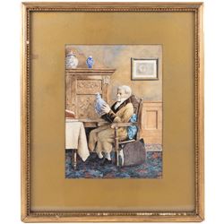 After Henry Stacy Marks (British 1829-1898): Gentleman Examining a Vase, watercolour indistinctly signed with monogram 28cm x 20cm 