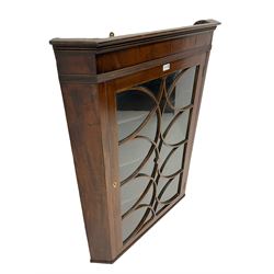 Georgian mahogany wall hanging corner cabinet, enclosed by single door with curved interlacing astragal glazing 