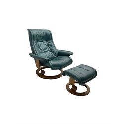 Ekornes Stressless - reclining armchair upholstered in teal leather; with matching footstool