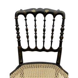 19th century chinoiserie decorated occasional table, rectangular tilt-top with octagonal column support; together with a 19th century black lacquered side chair, shaped cresting rail with gilt decoration over turned spindle back, cane seat on turned supports