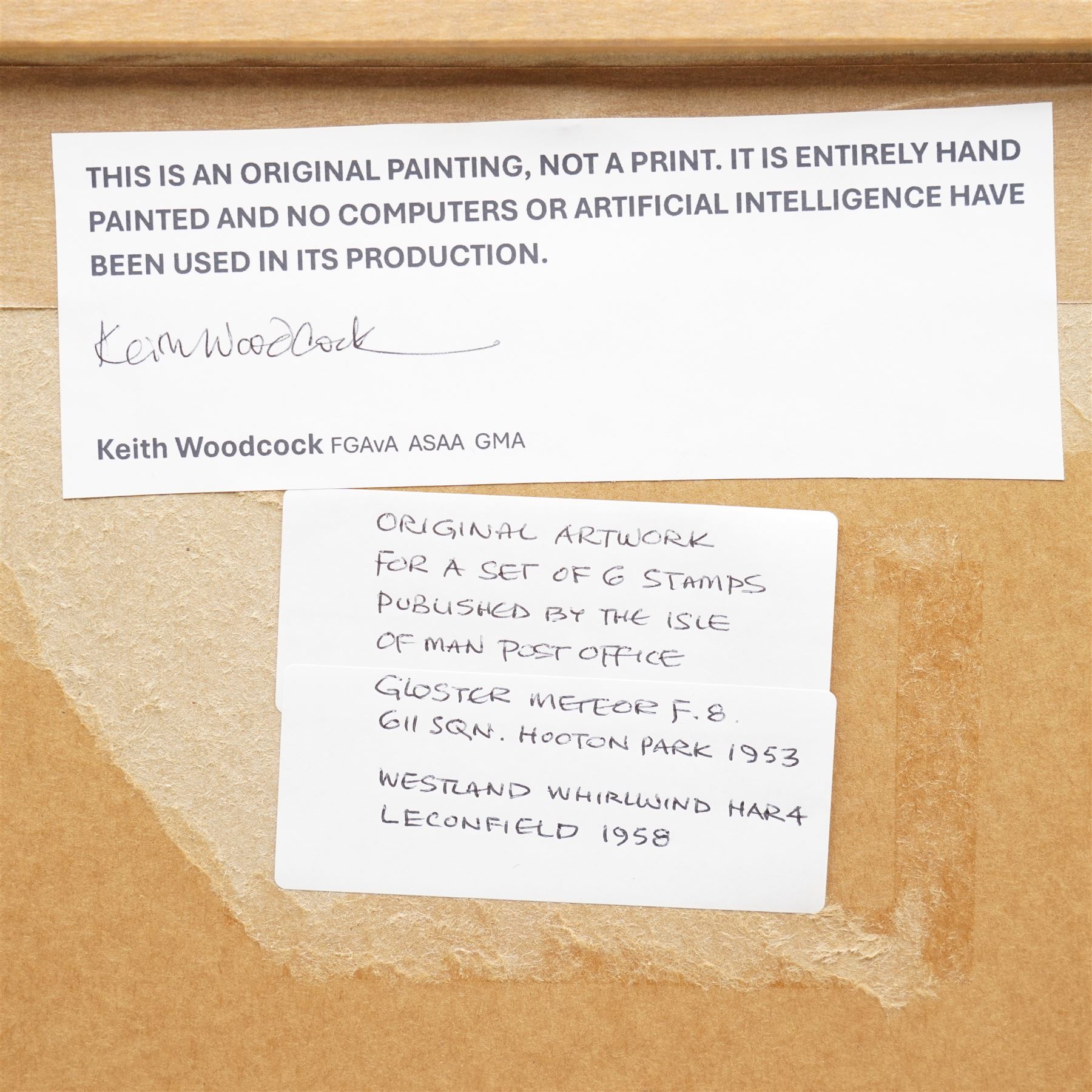 Keith Woodcock (British Contemporary): 'Gloster Meteor and Westfield Whirlwind', gouache signed for set of six stamps pub. Isle of Man Post office, framed together with the RAF First Day Covers 23cm x 26cm