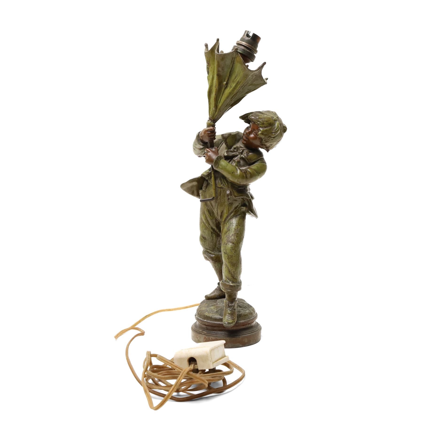 After Louis Auguste Moreau - The Gust of Wind, bronzed figure holding an umbrella, adapted as a table lamp H40cm