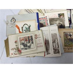 Victorian scrap album, well stocked with greeting cards and scraps; ten WW1 French embroidered silk postcards/greeting card including envelope type with greeting card insets; and large quantity of Edwardian and later postcards and greeting cards including maritime, Bonzo, greeting etc