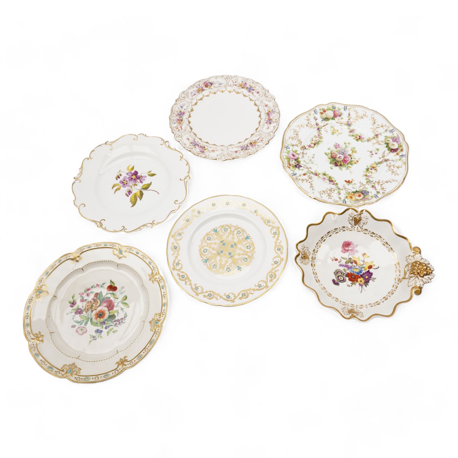 19th century Chamberlain Worcester porcelain dessert plate, centrally painted with fruit and flowers, within a raised gilt and turquoise border, puce printed mark incorporating the 155 New Bond Street address, early 19th century cabinet plate, painted with floral garlands, within a shaped gilt border, D25cm, hand painted grape vine moulded serving dish and other plates (6)