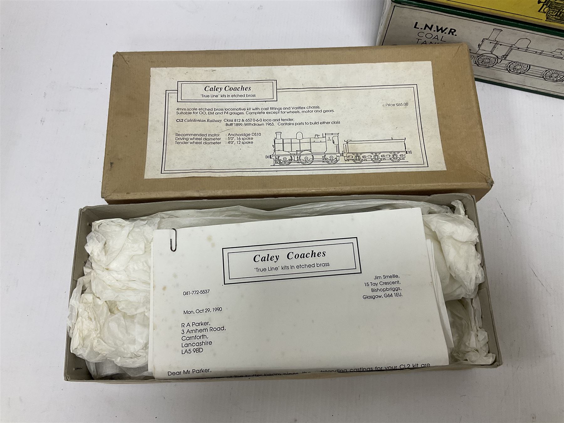 ‘00’ gauge - six model railway locomotive building kits comprising DJH Models CR/LMS/BR Wemyss Bay 4-6-2 Tank 944 Class, Caley Coaches CL4 Caledonian Railway Class 104 0-4-4T and CL2 Caledonian Railway Class 812 & 652 0-6-0 loco and tender, Mallard Models GWR 517 Class 0-4-2T body and chassis kit, Tru-Cast SR Class USA Tank locomotive and Pro-Scale LNWR Coal Tank; in original boxes 