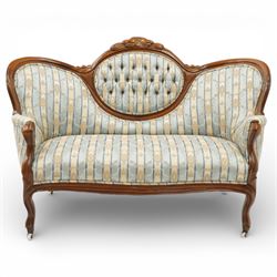 Victorian mahogany double cameo back sofa, the shaped back with central button upholstered...