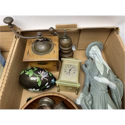 20th century Postilion brass and agate carriage clock with bevelled glass panel, H13cm, Peugeot Freres coffee grinder, silver-plate, figures, quantity of vinyl records, four The Works of William Shakespeare pub Odhams Press, brass lamp etc in three boxes