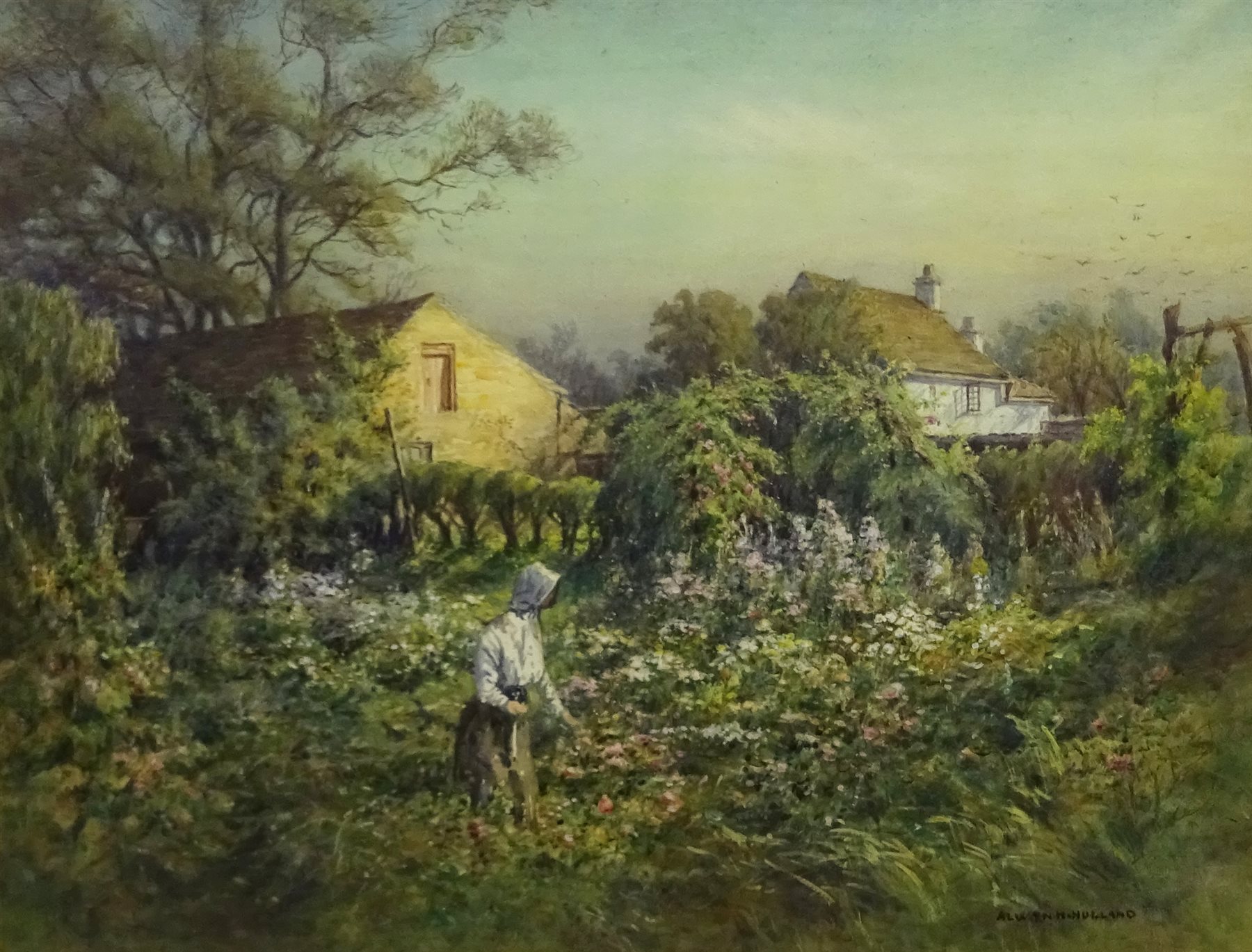 Alwyn Henry Holland (British 1861-1935): Young Woman in a Cottage Garden, watercolour highlighted in white signed 47cm x 62cm
Notes: Holland born in Sheffield, son of a Grocer, managed the family business was a member and secretary of the Sheffield Society of Artists