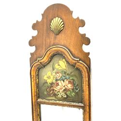 Late 20th walnut framed pier glass mirror, shaped pediment with shell carving, moulded frame with gilt slip, the pier panel painted with flowers