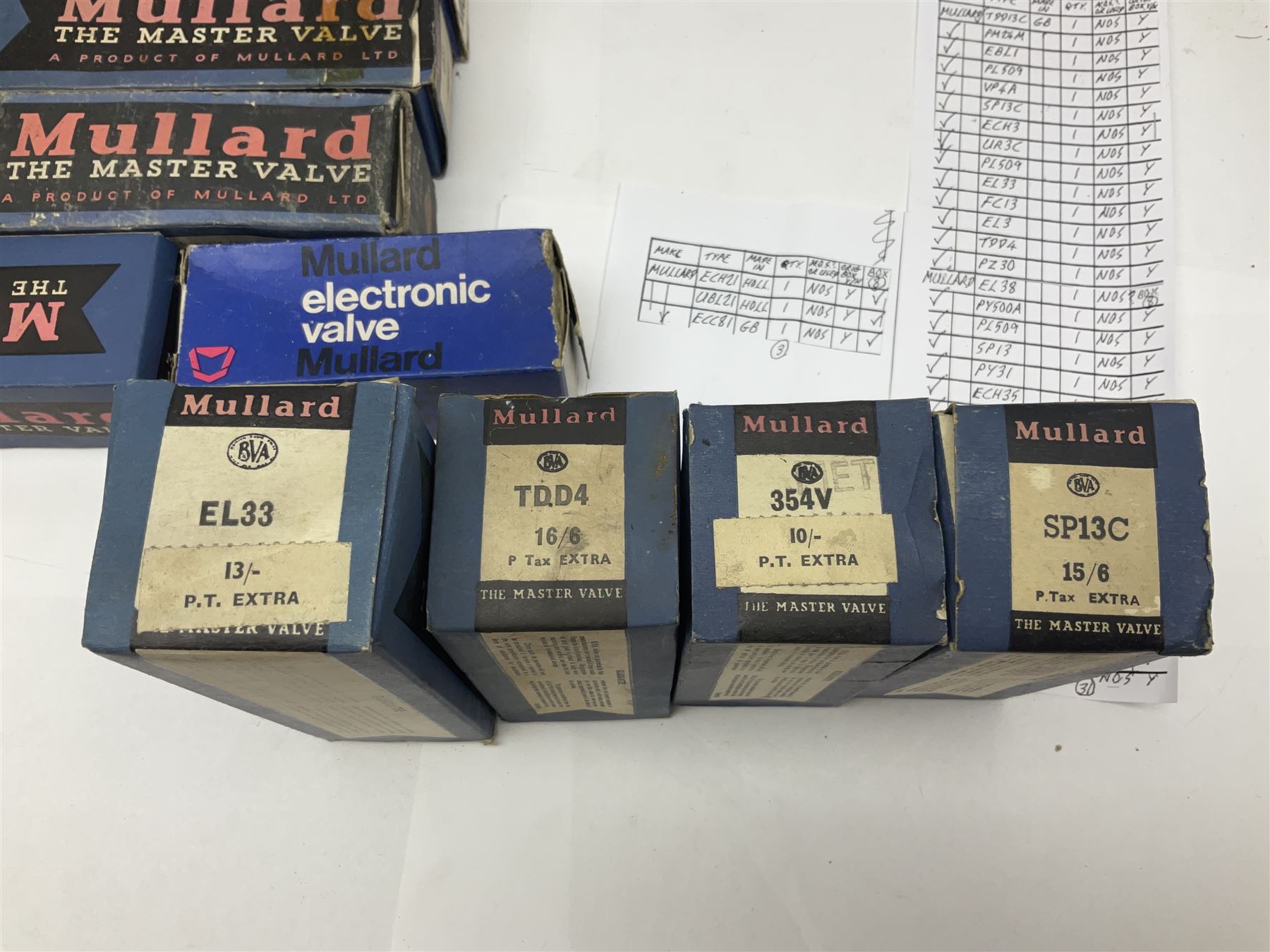 Collection of Mullard thermionic radio valves/vacuum tubes, including PY31, AMERTY 24A, FC13, CY1, AZ1 approximately 39 as per list, mostly boxed