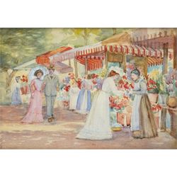 M Benham (20th century): 'Market Aix' - Provence, watercolour signed, titled on partial la...