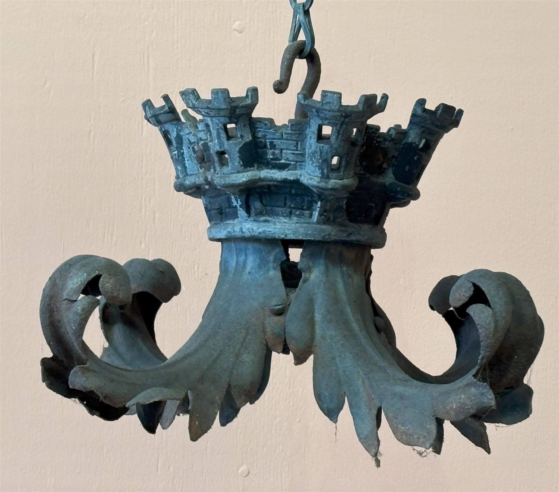 19th century iron pendent light fitting, with floral cast ceiling rose above castellated bracket issuing four scroll acanthus leaves W35cm - COLLECTION BY APPOINTMENT FROM: The White House, Thirsk Road, Easingwold, York, YO61 3NF - CALL 01723 507111 TO ARRANGE